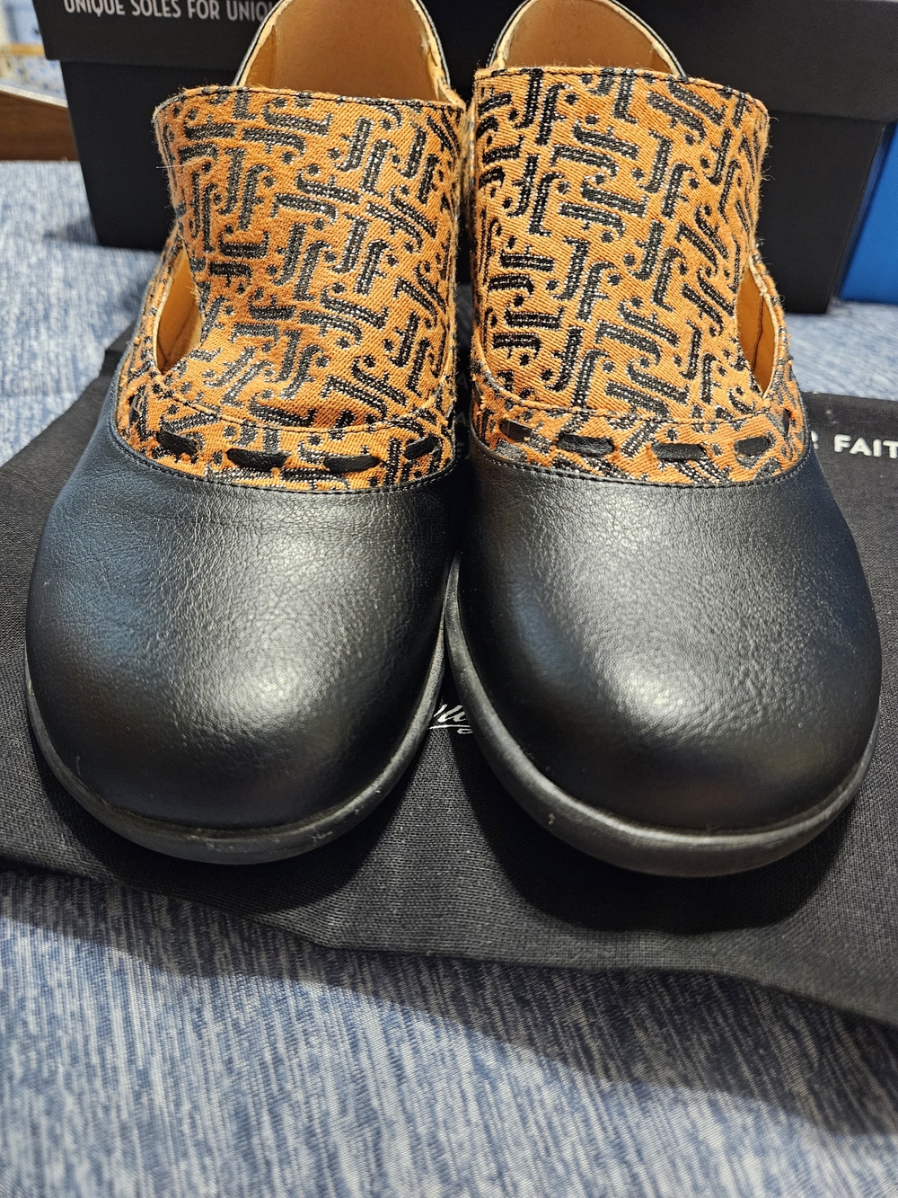 John Fluevog Black Leather Clog Mules with Orange Patterned Vamp